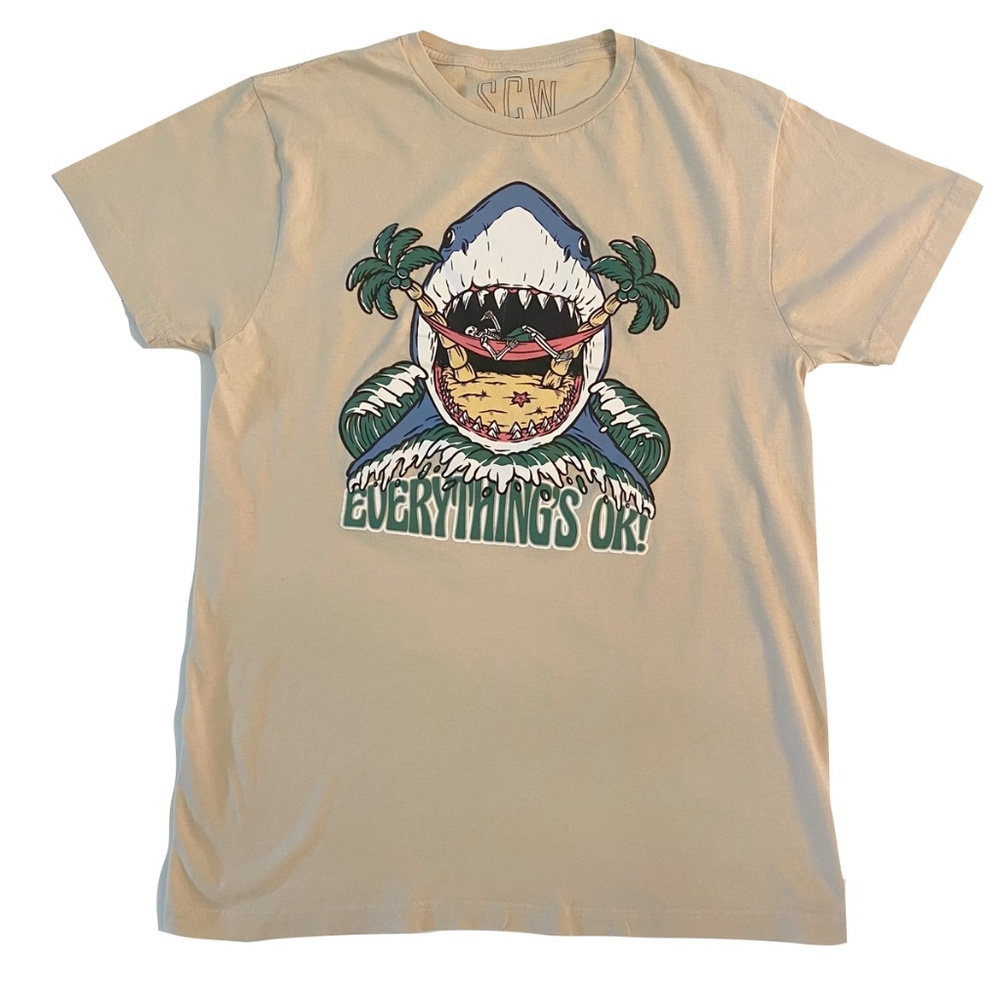 SCW Tan Shark and Skeleton "Everything's OK!" T-Shirt Size Medium